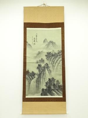 中国　建球筆　水墨山水　肉筆絹本掛軸（保護箱）